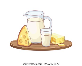 Milk products composition. Natural dairy food on wooden tray, farm milk jug and glass, cheese piece and butter, fresh organic healthy lactose tasty meal, vector concept isolated