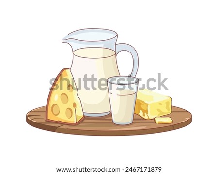 Milk products composition. Natural dairy food on wooden tray, farm milk jug and glass, cheese piece and butter, fresh organic healthy lactose tasty meal, vector concept isolated