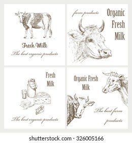 Milk products and cow backgrounds. Dairy farm set. Hand drawn illustrations.