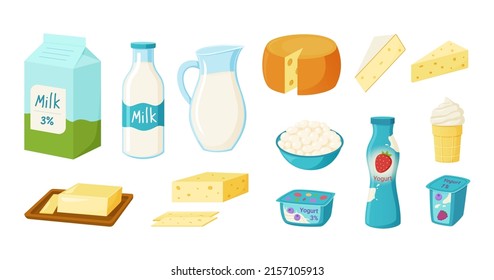 Milk products. Dairy food. Yogurt bottle. Cheese and butter pieces. Healthy milky meal. Yoghurt ice cream and curd. Gallon pack of calcium drink. Diet nutrition. Vector cartoon flat set