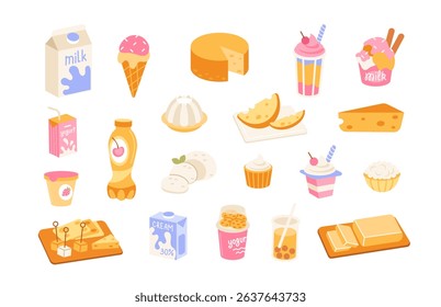 Milk products. Dairy. Organic Fresh milk drinks, yogurt, butter, cream, milkshake, milk dessert, milky drink, cheese. Farm natural food in packing. Milk ingredient meal Vector set