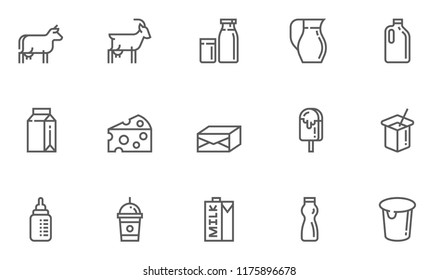 Milk Products , Dairy Produce Vector Line Icons Set. Milk Production, Cow's Milk, Goat's Milk, Cheese, Yogurt, Ice Cream. Editable Stroke. 48x48 Pixel Perfect.
