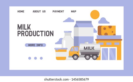 Milk products delivering vector web template. Delivery and selling milk and cheese dairy products on blue background illustration for wepages.