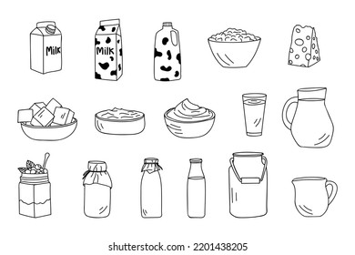 Colección de iconos de doodle de productos lácteos. Juego de iconos de productos lácteos dibujados a mano. Recogida de ilustraciones de productos lácteos 