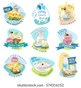 Emblemas de productos lácteos con ilustraciones vectoriales aisladas de mantequilla y crema