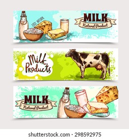 Milk products horizontal banner set with sketch dairy and cow isolated vector illustration