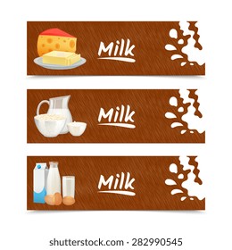Milk products horizontal banners set with cheese butter sour cream isolated vector illustration