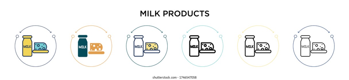 Milk products icon in filled, thin line, outline and stroke style. Vector illustration of two colored and black milk products vector icons designs can be used for mobile, ui, web