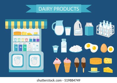 Milk products icon set, flat style. Milk products isolated on white background. Milk and cheese showcase, store shelf. Farm foods. Vector illustration