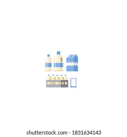 Juego de iconos de productos de leche. Arte de Pixel. Gráfico informático de la vieja escuela. Videojuego de 8 bits. Juego de activos de 8 bits. 16 bits.