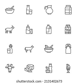 Milk Products Line Icons Set, Outline Vector Symbol Collection, Linear Style Pictogram Pack. Signs, Logo Illustration. Set Includes Icons As Goat And Cow Milk, Ice Cream, Yogurt, Cheese