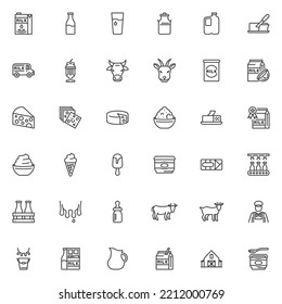 Milk products line icons set. linear style symbols collection, outline signs pack. Dairy products vector graphics. Set includes icons as milk bottle, milkshake, butter, cheese, yogurt pack, ice cream