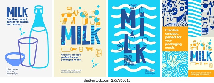 Milk Products. Minimalist and creative milk-themed designs with hand-drawn details, ideal for posters, labels, and packaging in retail or promotional use.