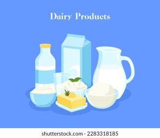 Milk products set with cheese, cottage and butter. Dairy food. Tradicional fresh farm products. Vector illustration