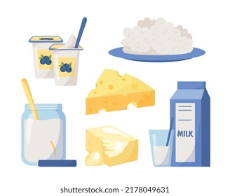 Milk products set. Collection of natural and organic products. Protein dishes, butter, milk, cottage cheese, cheese and yogurt. Cartoon flat vector illustrations isolated on white background