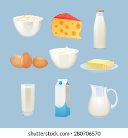 Milk products set with eggs cheese and cream isolated vector illustration