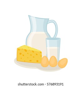 Milk products set with eggs, cheese and jug and cup of milk isolated vector illustration