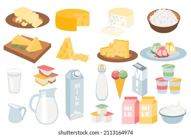 Milk products set in flat cartoon design. Different types of cheeses, cottage cheese in bowl, milk in jug or glass, yoghurts in containers, ice cream, desserts, various packaging. Vector illustration