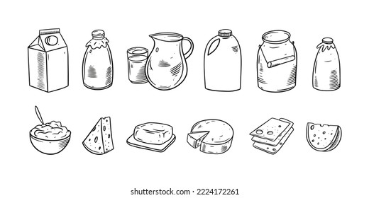 Milk products set hand drawn doodle style vector illustration isolated on white background.