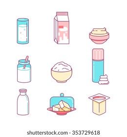 Milk products sings set. Thin line art icons. Flat style illustrations isolated on white.
