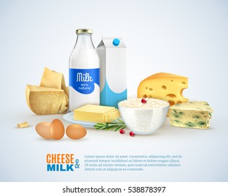 Milk Products Template With Different Sorts Of Cheese Eggs Carton And Butter Isolated Vector Illustration