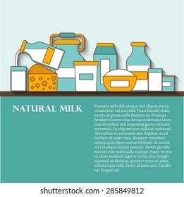 Milk products vector concept with flat objects and copyspace. Lactose diet and fresh natural milk template. Set of modern flat shadow objects with products containing lactose: milk bottle, glass