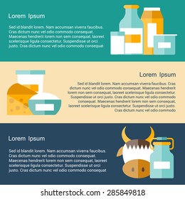 Milk products vector concept with flat objects and copyspace. Lactose diet and fresh natural milk template. Set of modern flat shadow objects with products containing lactose: milk bottle, glass