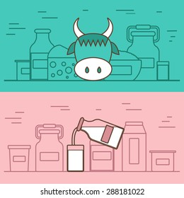 Milk products vector concept with flat objects. Lactose diet and fresh natural milk template. Set of modern flat objects with products containing lactose: milk bottle, glass, cheese, cottage, cream