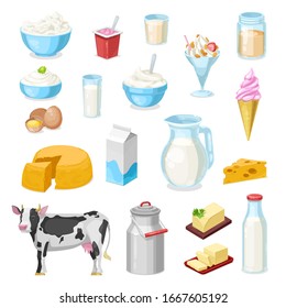 Milchprodukte, Vektorsymbole von Milchprodukten. Käse, Butter, Joghurtglasflasche und Rahmsaft, Kuh, Schalen von Hüttenkäse, Sauce-Creme und Eis, Milchshake, Eier, fermentierte Milch und Margarine