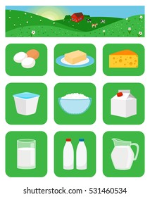 Milk productsicons in green squares. Farm natural food vector illustration.