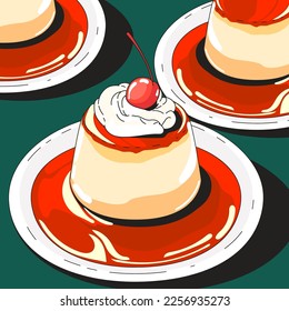 milk pudding pudding custard with caramel glaze. a flat illustration in the cartoon style of isolation on a white background.