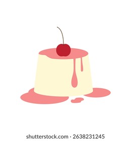 Milk pudding with rasberry sauce and a fresh cherry on top, flat cartoon vector illustration