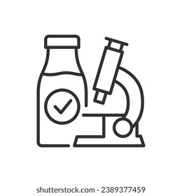 Milk quality control, linear icon. Milk inspection. Microscope and bottle. Line with editable stroke