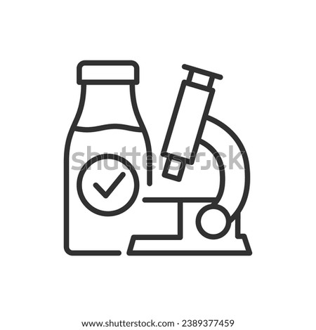 Milk quality control, linear icon. Milk inspection. Microscope and bottle. Line with editable stroke