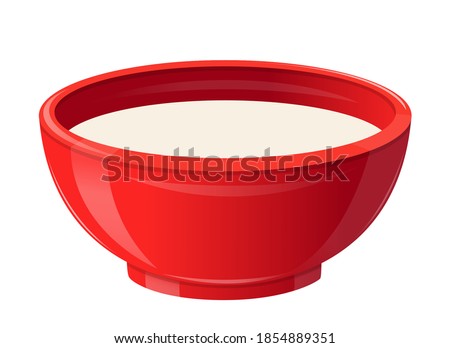 Milk in Red Ceramic Bowl, Healthy Breakfast Concept. Realistic Soup Plate Full of White Liquid. Natural Food, Dairy Drink, Source of Calcium Isolated on White Background. 3d Vector Illustration