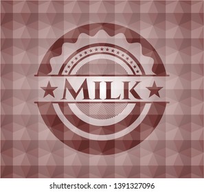 Milk red emblem or badge with geometric pattern background. Seamless.