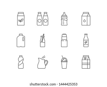 Milk related line icons with vegetarian, bottles, baby bottle, pack, cistern, soy, jug, milkshake. 