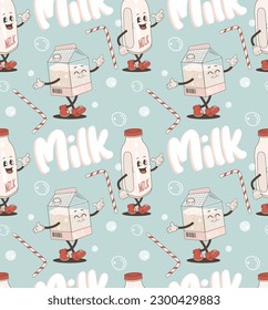 Milk retro cartoon seamless pattern. Comic character, slogan, quotes and other elements for burger bar, cafe, restaurant. Groovy funky trendy vector illustration and background.