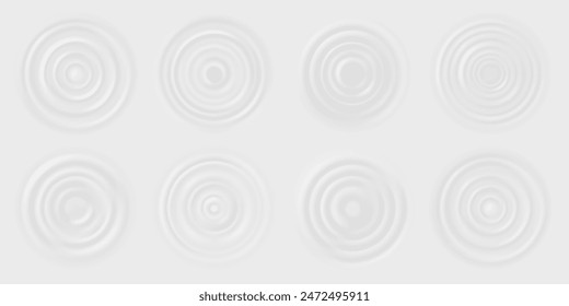 Milk ripple waves. Drop falls on milk, cream dairy product, lotion or white paint, round ripples on surface. Top view liquid circles vector set. Liquid splashes, ring or circular effect