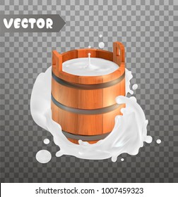 Milk. Rustic style. Wooden bucket. Natural dairy products. 3d vector icon