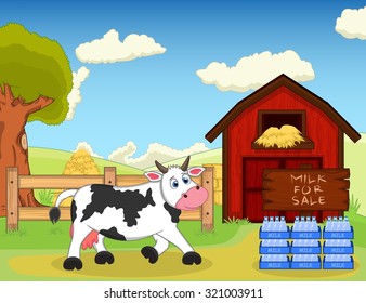 Milk for sale and cow at the farm