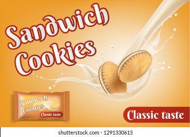 Milk Sandwich Biscuits, On A Yellow Background. Vector Illustration