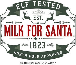 
Milk for santa elf tested. Christmas vintage retro typography labels badges vector design isolated on white background. Winter holiday vintage ornaments, quotes, signs, tag, postal label,  postmark