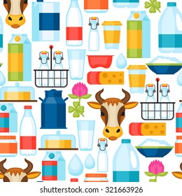 Milk seamless pattern with dairy products and objects.