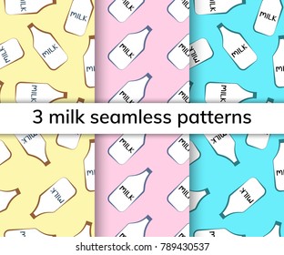 Milk seamless pattern. Set of three seamless backgrounds for children. A collection of seamless patterns with a glass bottle with milk. Vector illustration