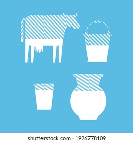 Milk set. Cow and bucket. Jug and glass. Milk packaging icons set