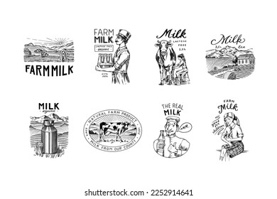 Leche. Granjero de vacas y mujeres, lechera y jarra, manteca y botellas, envasado y prado, el hombre sostiene un vaso. Logo vintage para tienda. Insignia para camisetas. Esbozo grabado a mano. Ilustración vectorial.