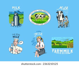 Leche. Granjero de vacas y mujeres, lechera y jarra, manteca y botellas, envasado y prado, el hombre sostiene un vaso. Logo vintage para tienda. Insignia para camisetas. Esbozo grabado a mano. Ilustración vectorial.