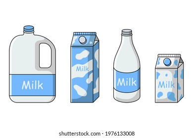 Milk set in different packages carton, bottle, gallon, canister. Isolated vector illustration on white background. Flat line cartoon style.