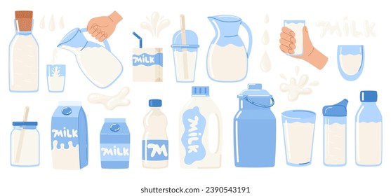 Milk set in different packages, glass, cardboard, bottle, milk box, glasses, decanter. Dairy drops and splash. National dairy month. Vector illustration in doodle style 
